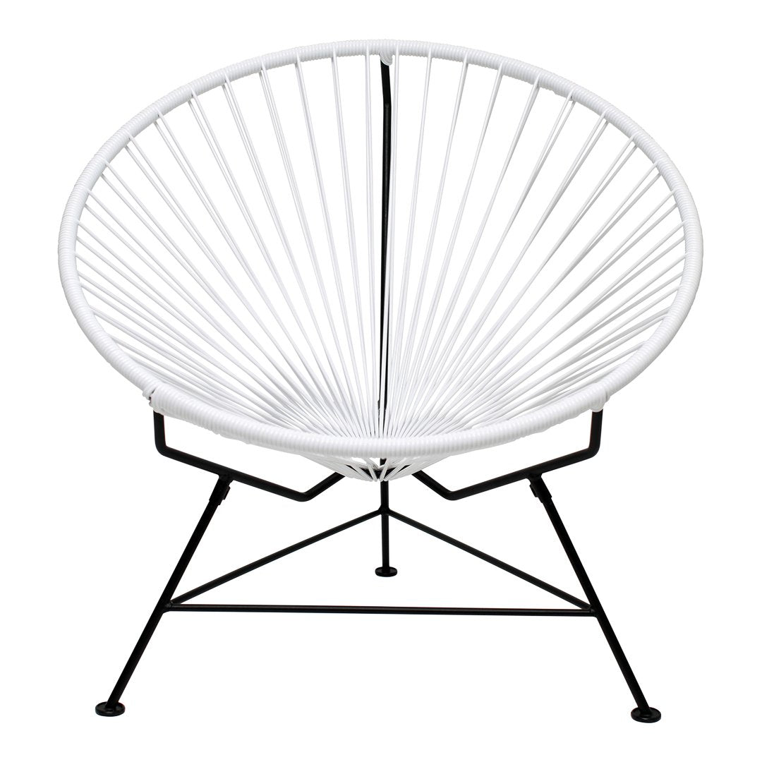 White round chair with radial wire pattern and black metal frame, perfect for modern decor.