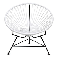 White round chair with radial wire pattern and black metal frame, perfect for modern decor.