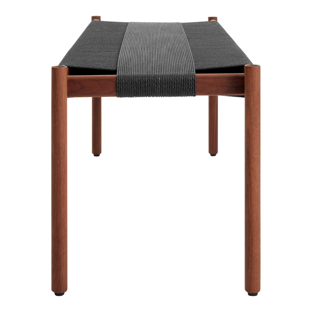 Brown wooden frame with a gray fabric seat and a black horizontal stripe pattern. Modern and stylish design.