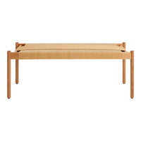 Natural wood bench with light tan fabric seating, showcasing minimalist design and clean lines. Perfect for modern decor.