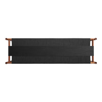 Black textured fabric with horizontal stripes, complemented by wooden frame accents. Ideal for modern outdoor decor.