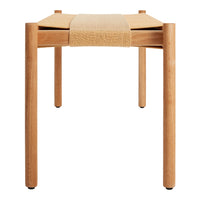 Natural wood stool with beige woven seat, featuring a minimalistic design and clean lines. Perfect for modern decor.