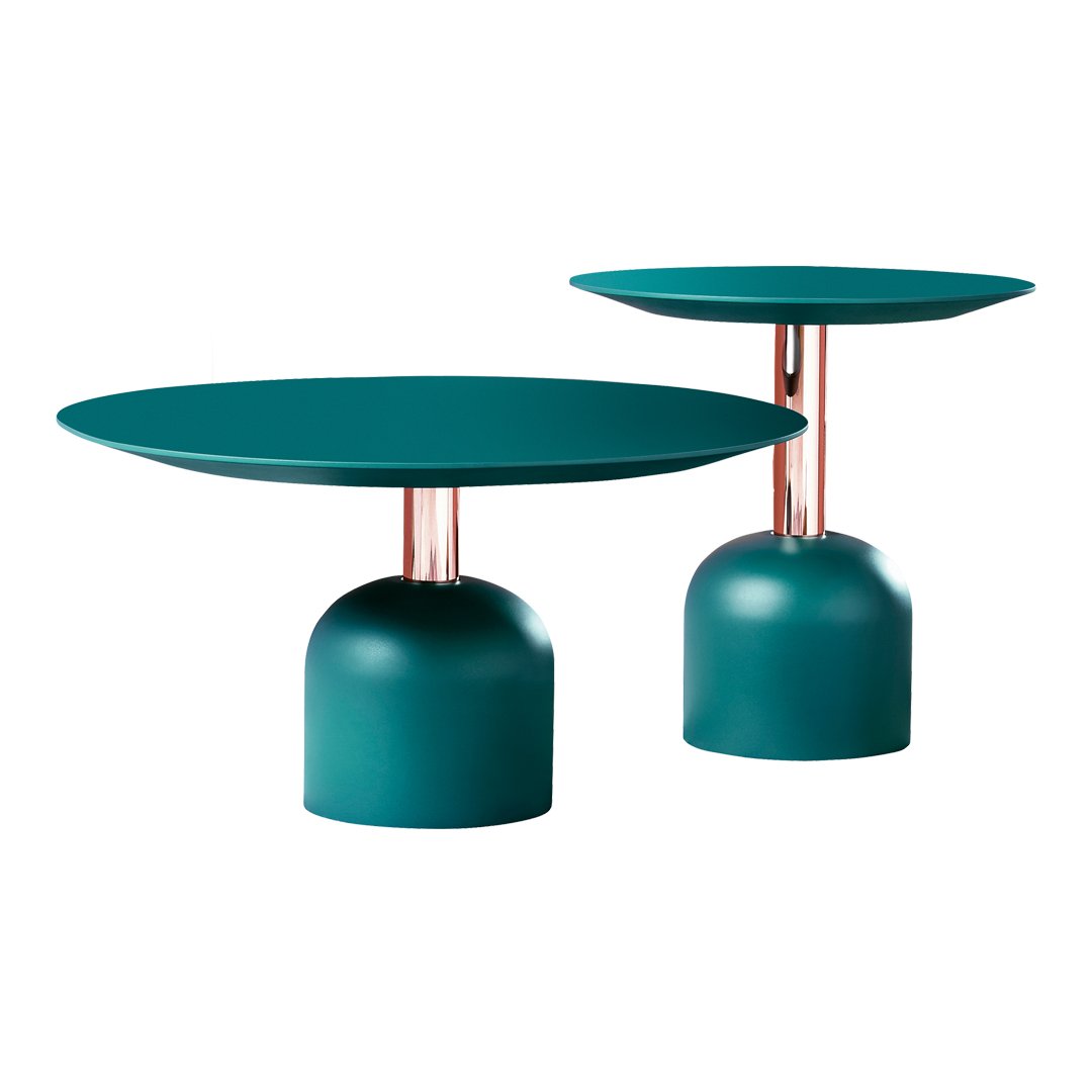 Set of two teal coffee tables with sleek, round tops and glossy round bases, featuring copper accents.