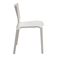 Side view of a minimalist chair in sleek white finish with smooth, modern design. Perfect for any contemporary space.