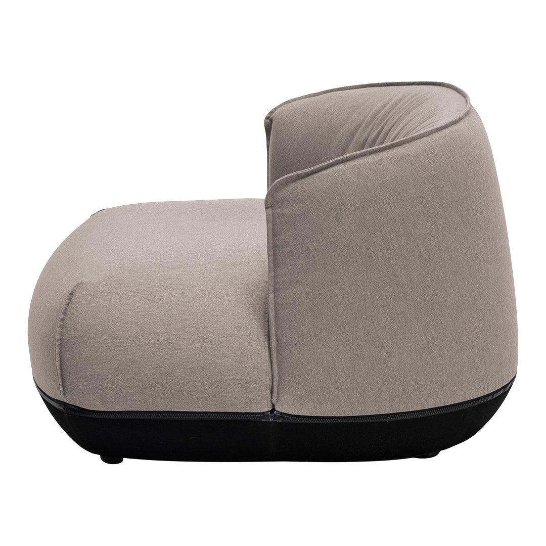 Beige fabric chair with a black base, featuring a simple, modern design and smooth textures. Ideal for versatile decor.