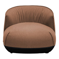 Brown upholstered chair with a smooth texture and a contrasting black base, designed for comfort and style.