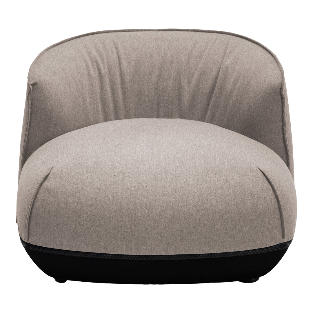 Stylish round chair in soft beige fabric with a contrasting black base, featuring a smooth, minimalistic design.