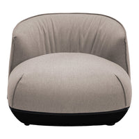 Stylish round chair in soft beige fabric with a contrasting black base, featuring a smooth, minimalistic design.