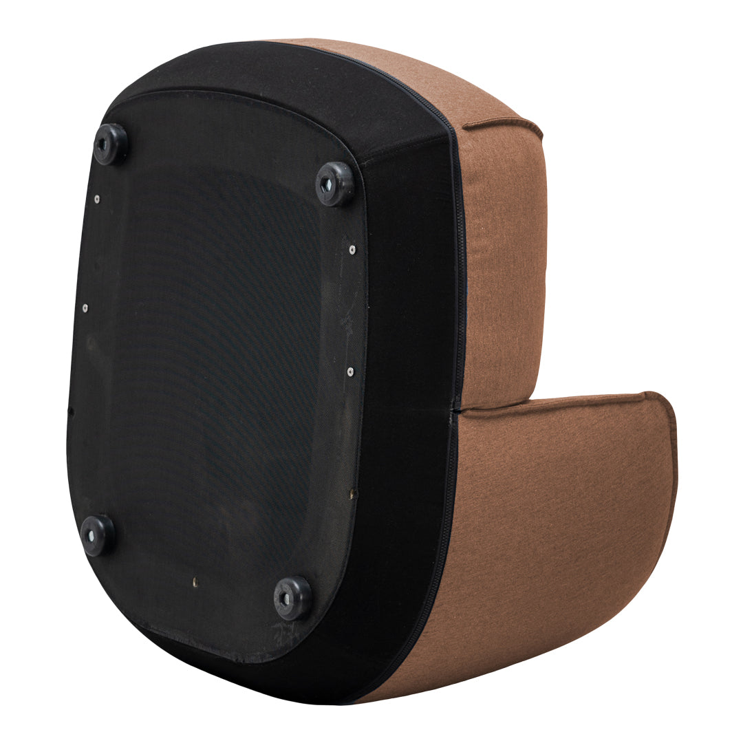 Brown and black padded chair with a sleek, modern design and textured fabric patterns for style and comfort.