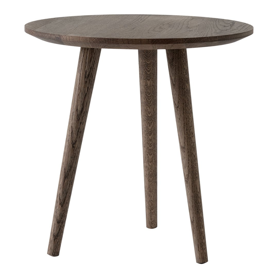 Round wooden side table in a rich dark brown finish with smooth surface and tapered legs. Perfect for modern decor.