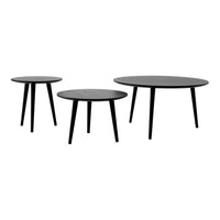 Set of three round black tables with sleek, minimalistic design and contrasting black legs. Perfect for modern decor.