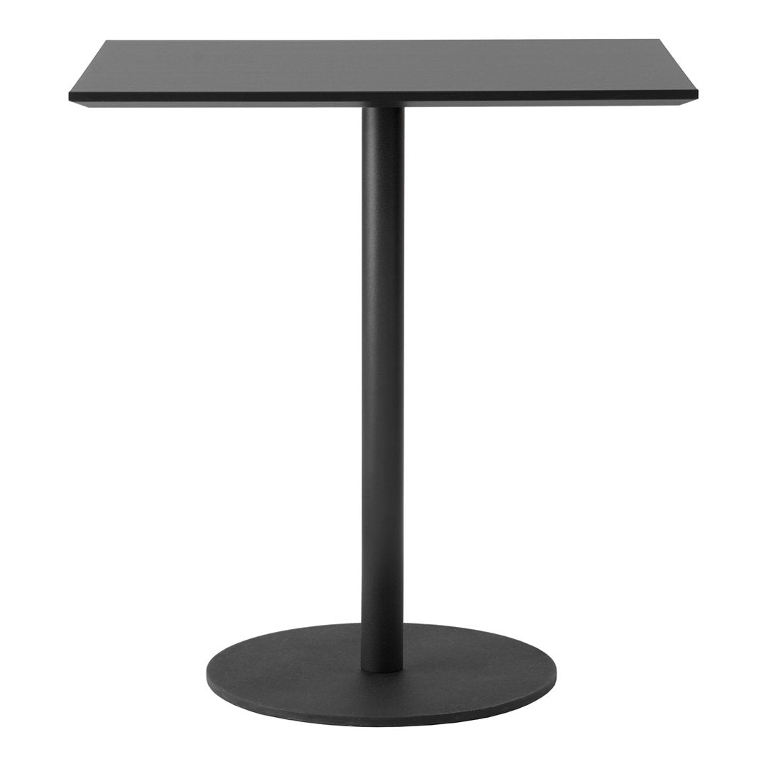 Sleek black rectangular table with a round base and minimalist design, perfect for modern living spaces.