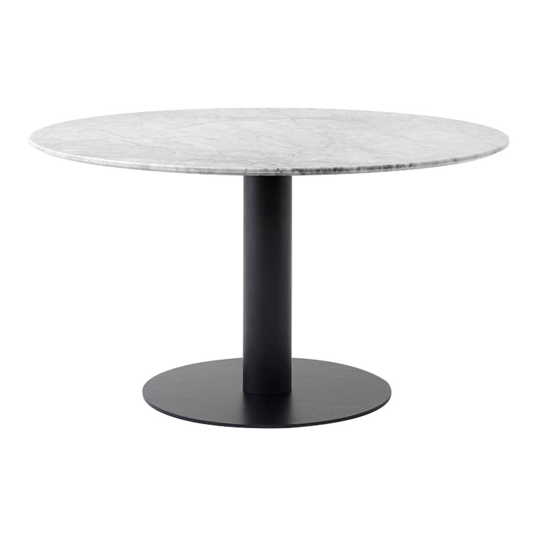 Round marble dining table with a sleek black pedestal base, featuring a smooth, polished surface and elegant patterns.