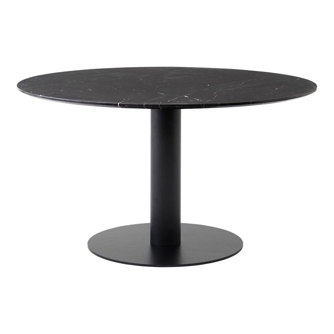 Round black marble table with a sleek black metal base, featuring a smooth, elegant surface and minimalist design.