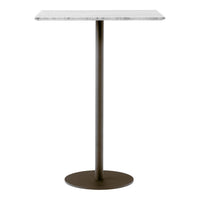 White marble top with a sleek, dark bronze pedestal base, perfect for modern decor.