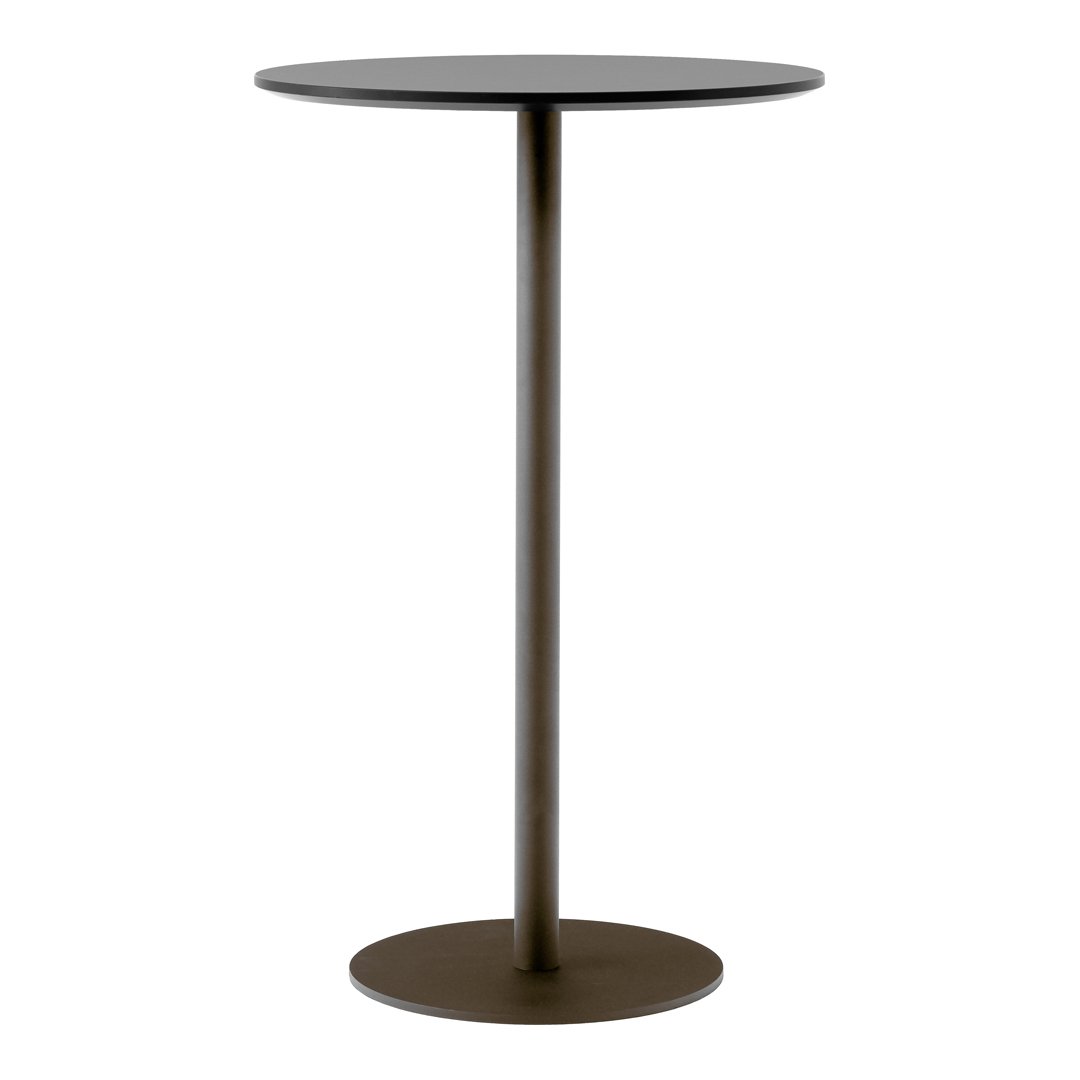 Black round tabletop with a sleek brown metal base, featuring a minimalist design. Perfect for modern decor.