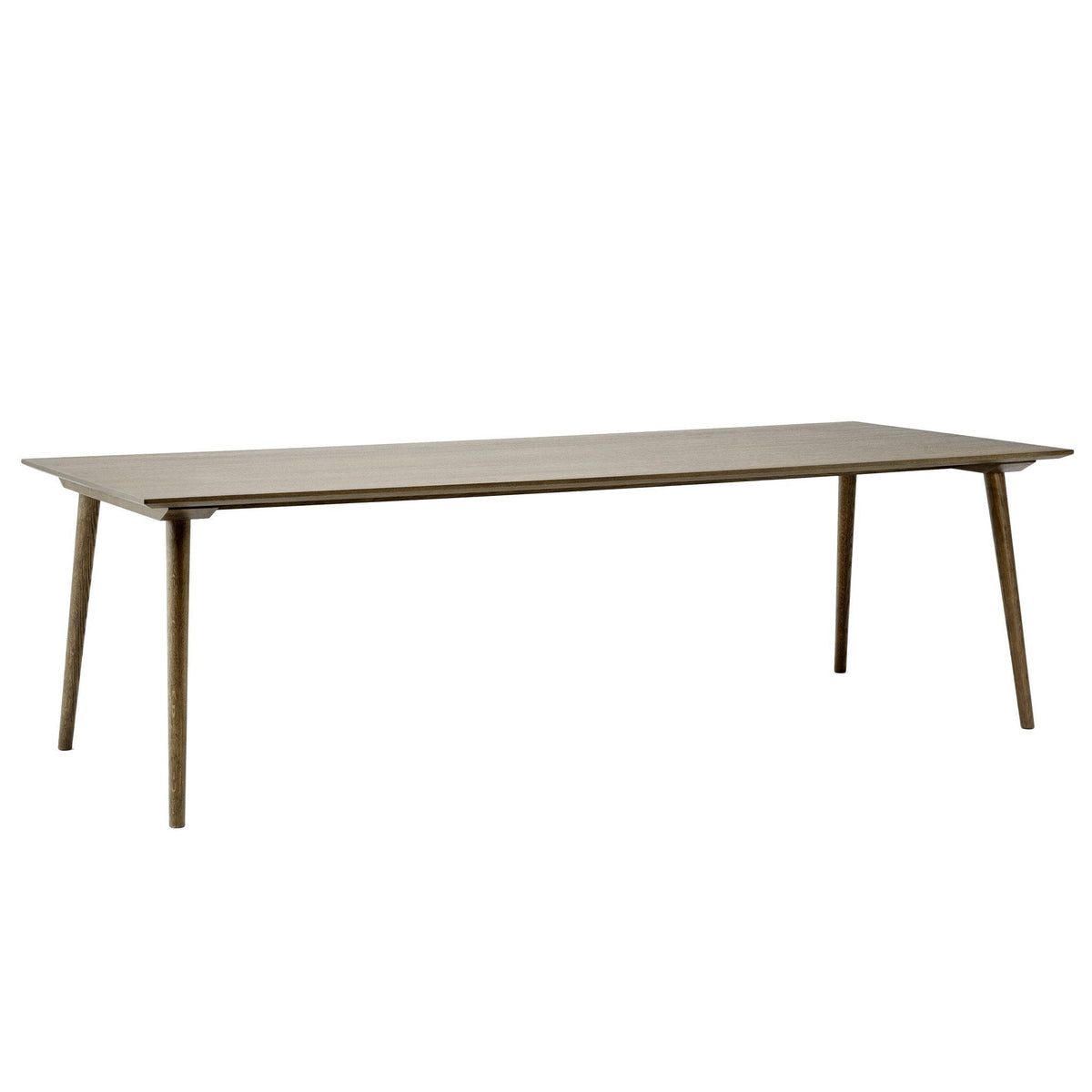 Wooden dining table in a warm brown tone with a smooth, minimalist design and tapered legs.