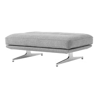 Light gray upholstered ottoman with a smooth texture and modern chrome legs, offering a minimalist style.