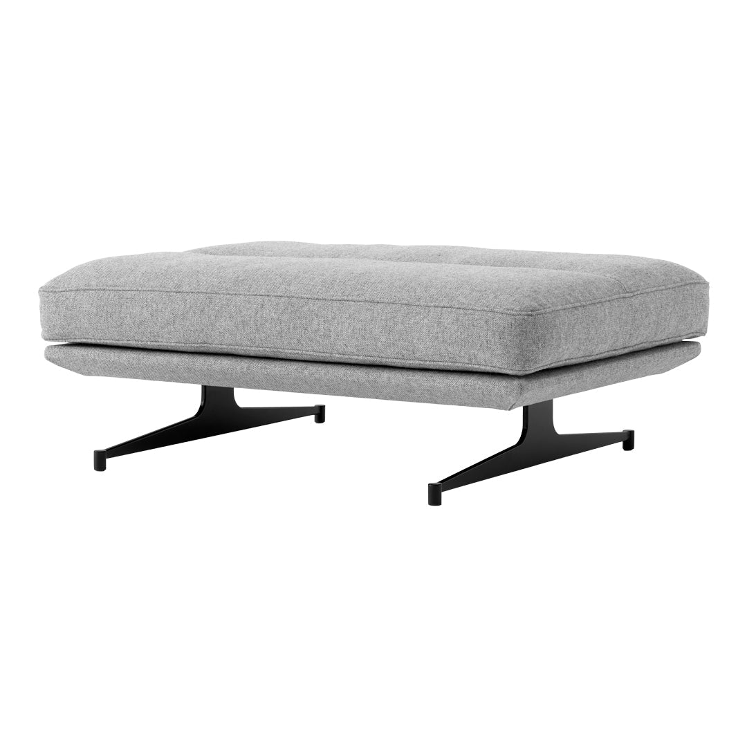 Gray fabric ottoman with a smooth, minimalist design and sleek black metal legs, perfect for modern decor.