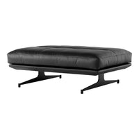 Black leather ottoman with a sleek, modern design and minimalistic black metal legs. Perfect for any contemporary space.