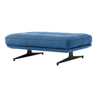 Modern blue ottoman with a smooth fabric finish and sleek black metal legs. Ideal for contemporary living spaces.