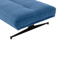 Blue upholstered cushion with a smooth, solid pattern and a sleek black metal base.
