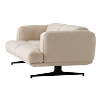 Beige modern sofa with clean lines and a minimalist design, featuring a sleek black metal base.
