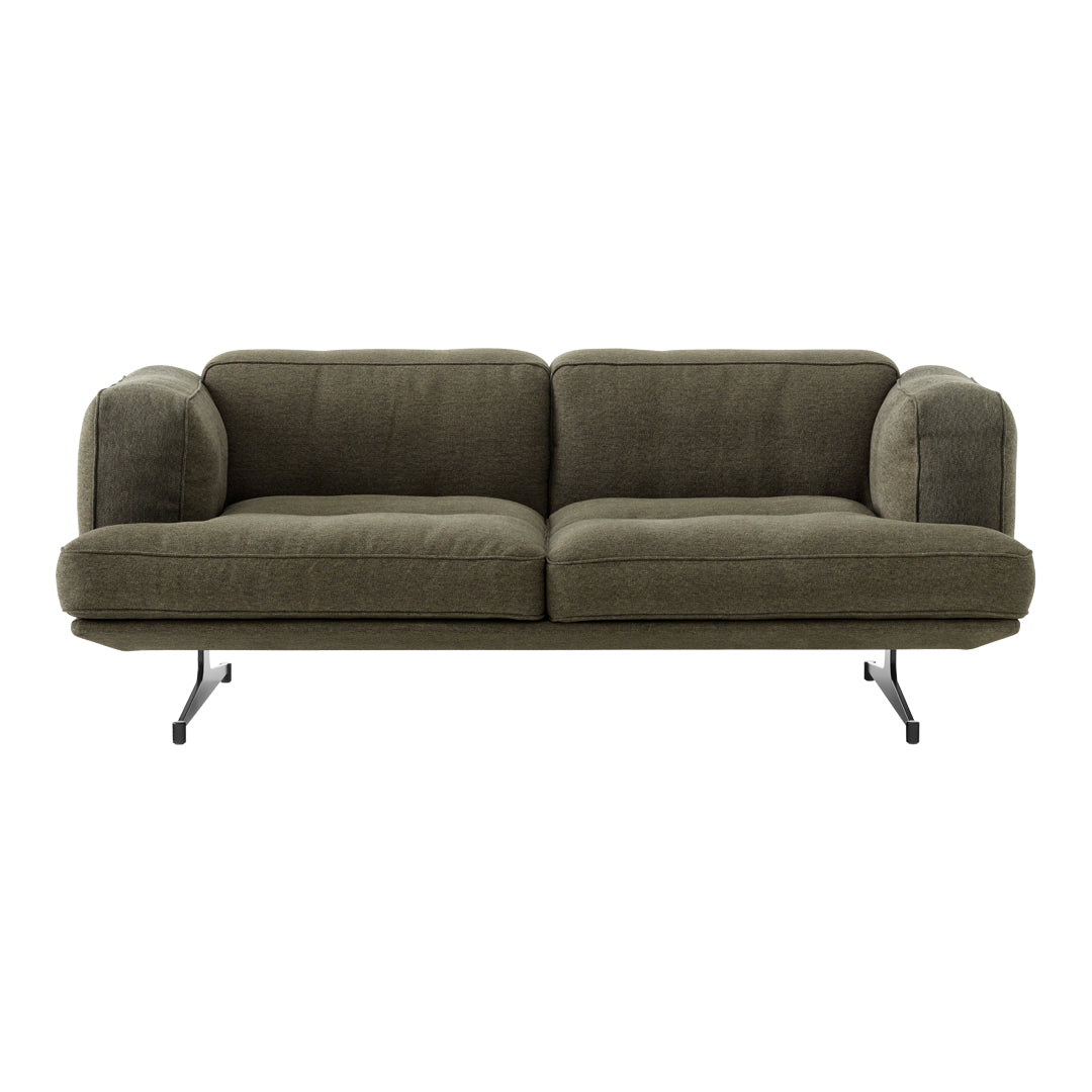 Olive green modern sofa with plush cushions and smooth fabric, featuring a minimalist black metal frame.