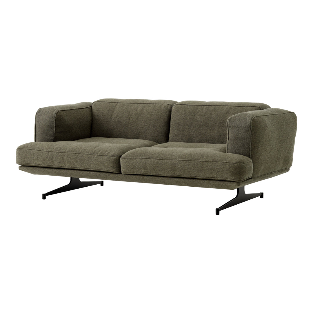 Olive green modern sofa with a smooth fabric texture and sleek black metal legs. Perfect for contemporary decor.