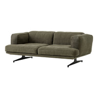 Olive green modern sofa with a smooth fabric texture and sleek black metal legs. Perfect for contemporary decor.
