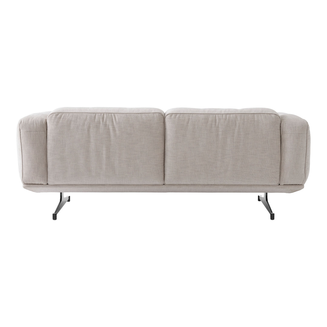 Light gray fabric sofa with a sleek, minimalist design and a subtle texture, featuring stylish black metal legs.