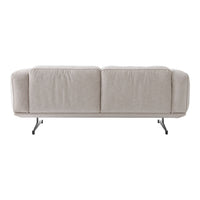 Light gray fabric sofa with a sleek, minimalist design and a subtle texture, featuring stylish black metal legs.