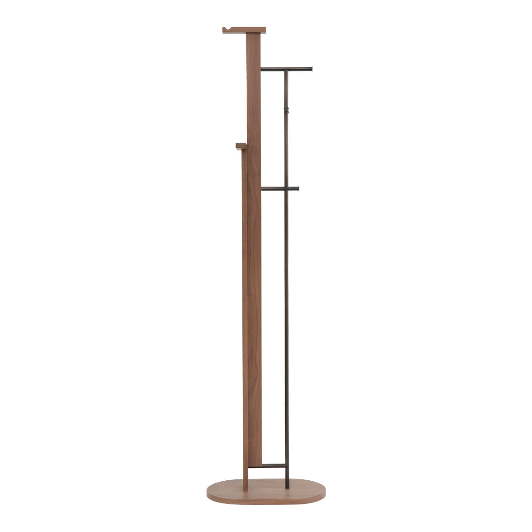 Modern walnut coat rack featuring clean lines and a sleek black metal accent. Stylish and minimalist design.