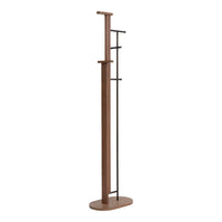 Modern coat rack featuring a warm brown finish and contrasting black metal accents for a sleek, minimalist design.