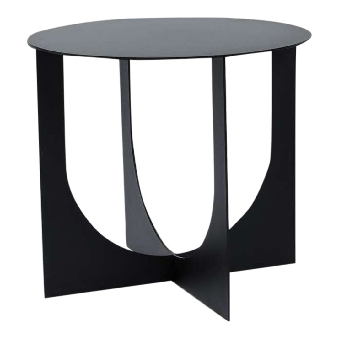 Modern black circular coffee table with unique geometric cutout design and a minimalist matte finish.