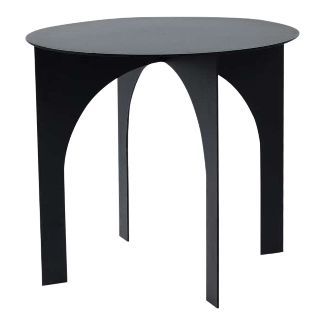 Black oval table with unique arching legs and a smooth top, perfect for modern decor.