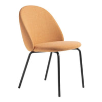 Orange fabric chair with smooth curves and black metal legs, stylish and modern design. Perfect for contemporary spaces.
