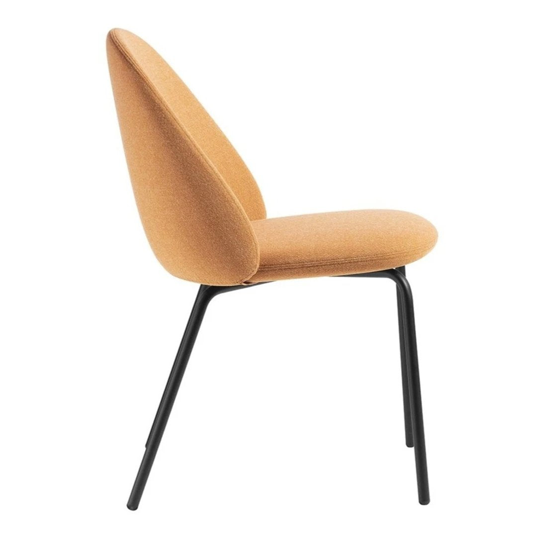 Modern side chair in warm camel upholstery with a sleek black metal frame. Stylish minimalist design.