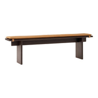 Wooden bench with a sleek dark brown frame and a light tan seating surface, showcasing minimalist design.