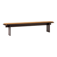 Light brown wooden bench with a smooth surface and contrasting dark wooden legs, sleek and modern design.