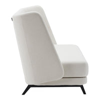 Modern white upholstered chair with sleek black metal legs and minimalistic design. Perfect for contemporary decor.