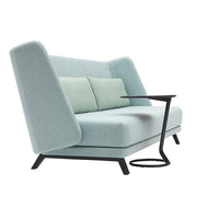 Light blue modern sofa with minimalist design, featuring soft cushions and a sleek black armrest.