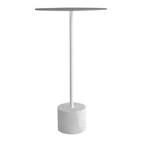 Modern white side table featuring a sleek round top and cylindrical base, minimalist design and smooth surfaces.