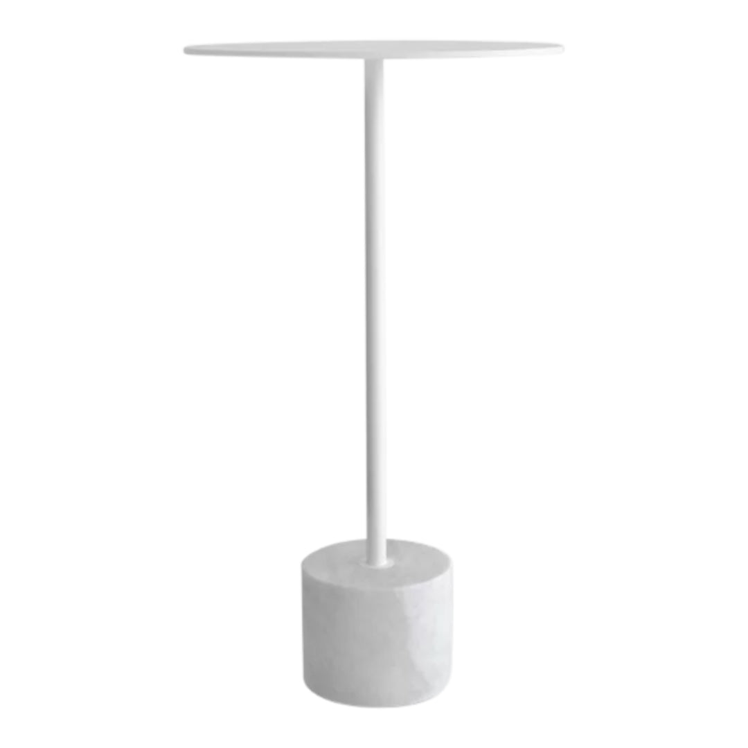 White modern table lamp with a minimalist round base and sleek, straight pole design. Perfect for contemporary decor.