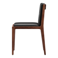 Sleek black leather seat with a rich walnut wood frame, featuring clean lines and a modern design.