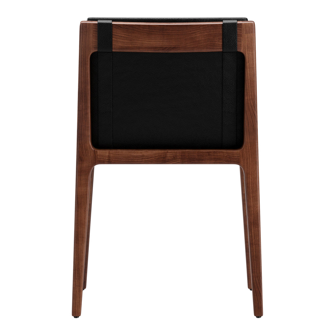 "Stylish wooden chair featuring a walnut finish and sleek black leather back panel."