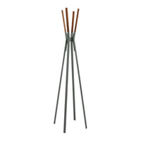 Gray metal stand with four brown wooden slats, minimalist design perfect for modern decor.