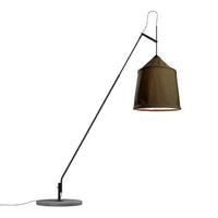 Industrial-style lamp featuring a matte black arm and an olive green shade with a minimalist design.
