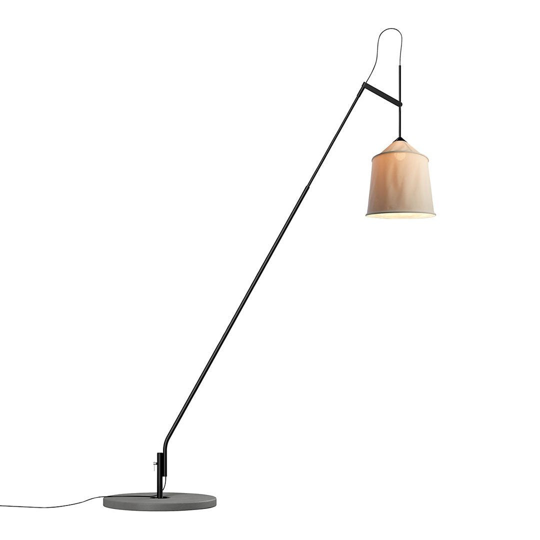 Industrial-style floor lamp with a sleek black arm and a soft beige cone-shaped shade. Versatile for modern decor.