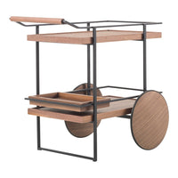 Wooden serving cart with natural wood finish and black metal accents, featuring minimalistic design and smooth lines.